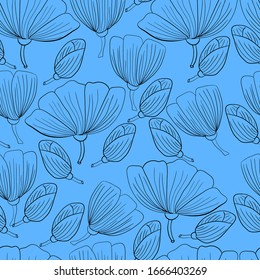 Patrón sin inconvenientes con flores negras y hojas sobre un fondo azul. Apropiado para tela, papel de envoltura, papel pintado, bolsas, ropa, vajilla, estuches en smartphones y tabletas, carteras.