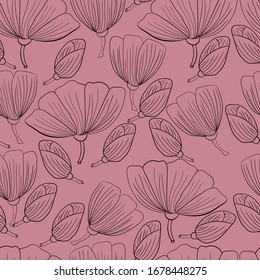 Seamless pattern with black  flowers and leaves on a pink background.  