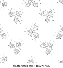 Seamless pattern with black  flowers and leaves on a white background. Suitable for fabric, wrapping paper, wallpaper, bags, clothes, dishes, cases on smartphones and tablets, wallets.