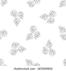 Seamless pattern with black  flowers and leaves on a white background. Suitable for fabric, wrapping paper, wallpaper, bags, clothes, dishes, cases on smartphones and tablets, wallets.