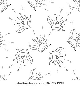 Seamless pattern with black  flowers and leaves on a white background. Suitable for fabric, wrapping paper, wallpaper, bags, clothes, dishes, cases on smartphones and tablets, wallets.