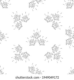 Seamless pattern with black  flowers and leaves on a white background. Suitable for fabric, wrapping paper, wallpaper, bags, clothes, dishes, cases on smartphones and tablets, wallets.