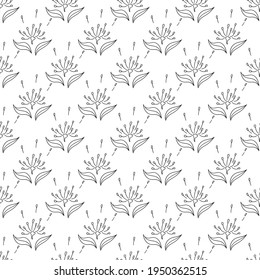 Seamless pattern with black  flowers and leaves on a white background. Suitable for fabric, wrapping paper, wallpaper, bags, clothes, dishes, cases on smartphones and tablets, wallets.