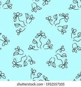 Seamless pattern with black  flowers and leaves on a blue background. Suitable for fabric, wrapping paper, wallpaper, bags, clothes, dishes, cases on smartphones and tablets, wallets.