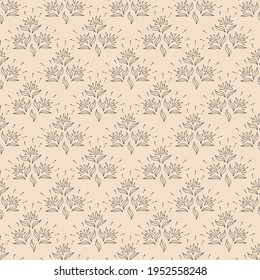 Patrón sin foco con flores negras y hojas en un fondo beige. Adecuado para tela, papel de envoltura, papel pintado, bolsas, ropa, platos, estuches en smartphones y tablets, carteras.