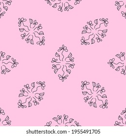 Seamless pattern with black  flowers and leaves on a pink background. Suitable for fabric, wrapping paper, wallpaper, bags, clothes, dishes, cases on smartphones and tablets, wallets.
