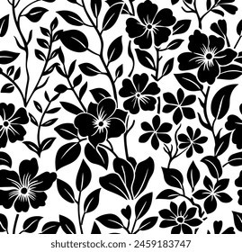 Seamless pattern with black flowers and leaves. Peonies, wildflowers, poppies. Abstract floral spring, summer pattern. Black and white background for wallpaper, fabrics, packaging.