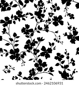 Seamless pattern with black flowers and leaves. Peonies, wildflowers, poppies. Abstract floral spring, summer pattern. Black and white background for wallpaper, fabrics, packaging.