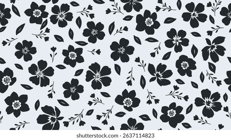 Seamless pattern with black flowers and leaves on light blue background. Peonies, wildflowers, hibiscus silhouette modern