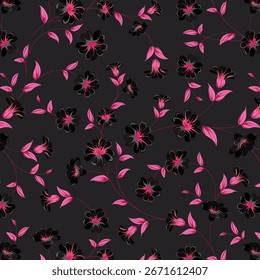 Seamless pattern with black flowers and leaves. Peonies, wildflowers, poppies. Abstract floral spring, summer pattern. Black and white background for wallpaper, fabrics, packaging.
