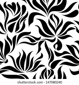 Seamless pattern with black flowers on white background 
