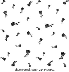 Nahtloses Muster mit schwarzen Blumen auf weißem Hintergrund. Blumendruck auf weißem Hintergrund. Vektorgrafik.