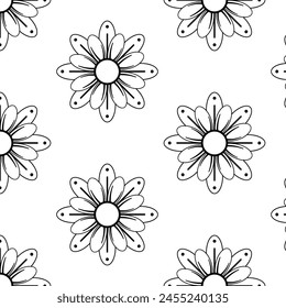 Seamless pattern with black flowers on a white background. Print for packaging, background, fabric, decor