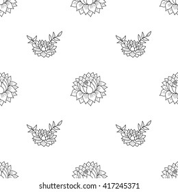Seamless pattern with black flowers on white background. Vector illustration.