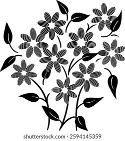 Seamless pattern of Black flowers with Stripes and leaves, Black Striped Floral Design Element Vector illustration, Hand drawn striped floral pattern in flat style, Vintage floral pattern 