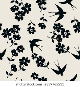 Patrón sin foco con flores negras y golondrinas. Ilustración vectorial.