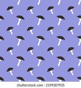 Seamless pattern with black fly agaric mushrooms with white dots on purple background. Bright fashion fly agaric print. Vector flat illustration