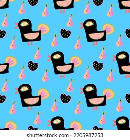 Seamless pattern. Black folk birds. pink pears. Love hearts. Valentine and halloween design. Blue background for kids wrapping and gift paper.