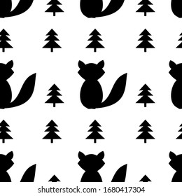 Seamless pattern with black fox and fir-trees on the white background. Vector illustration