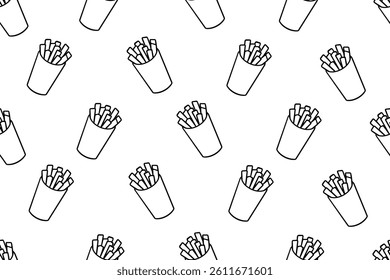 Seamless Pattern of Black French Fries Outline on White Background
