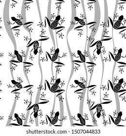 Seamless pattern. Black frogs and gray waves on white backround. Vector illustration.