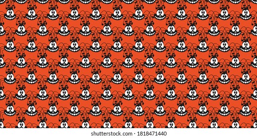 Seamless pattern of black funny cartoon spider on orange background. Trendy halloween ornament print. Vector illustration