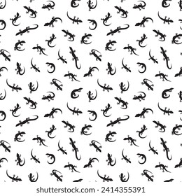 Seamless pattern with black gecko silhouettes. Endless tile background with black lizard elements