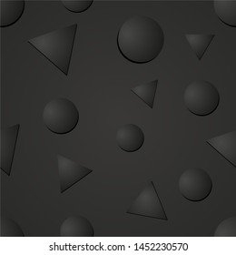 Seamless pattern. Black geometric background. Simple template for greeting card, print, banner or poster. Modern abstract background with volumetric circles and triangles.