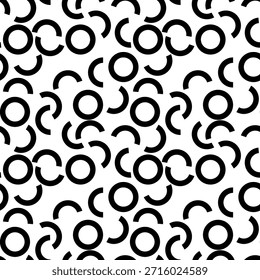 Nahtloses Muster aus schwarzen geometrischen Kreisen und Bögen auf weißem Hintergrund. Abstraktes minimalistisches Vektorornament