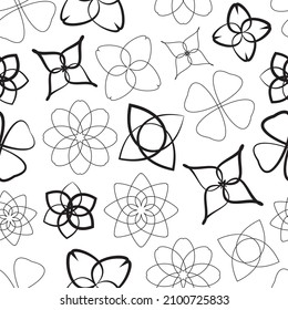 Nahtloses Muster mit schwarzen geometrischen Blumen auf weißem Hintergrund. Abstrakte Blumen. Hintergrund für Tapete, Wrapper, Verpackung, Verpackung, Serviette, Tischdecke.