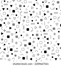 Seamless pattern with black geometric retro elements in Memphis style on white background. Isolated geometric shapes. Black and white texture for cover, packaging, banner. Stock vector illustration.