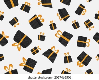 Seamless pattern with black gift boxes on white background. Gift boxes in flat style. Festive design for greeting card, wrapping paper, banners and promotional materials. Vector illustration