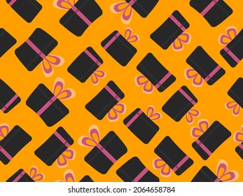 Seamless pattern with black gift boxes with pink ribbon on an orange background. Festive design for greeting card, wrapping paper, banners and promotional materials. Vector illustration