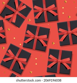 Seamless pattern of black gift boxes with red ribbon bow. Holiday design for birthday, New year, Christmas, vector illustration