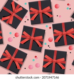 Seamless pattern of black gift boxes with red ribbon bow. Holiday design for birthday, New year, Christmas, vector illustration