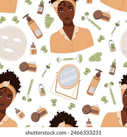 Seamless pattern with a black girl and cosmetics, moisturizing mask. Beauty products for moisturizing and caring for facial skin. Morning hygiene procedures. Gua sha massage. Vector flat 