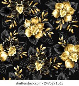 Seamless pattern with black and gold blooming orchids, richly decorated with black eucalyptus twigs and delicate jewelry pistachio twigs on black background. Golden jewelry Orchid.