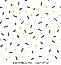Seamless pattern with black and gold confetti sprinkles. Donut glaze background. Minimal line shape and dots. Geometric scrapbook design.
