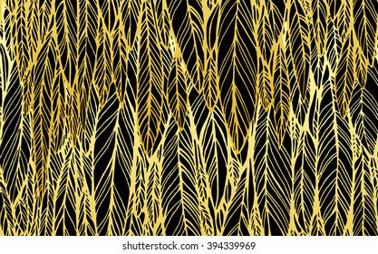 Seamless pattern of black gold feathers, leaves, optical illusion, vector illustration