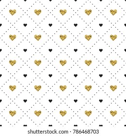 Seamless pattern with black and gold heart shapes. Valentines day. Vector illustration. Background
