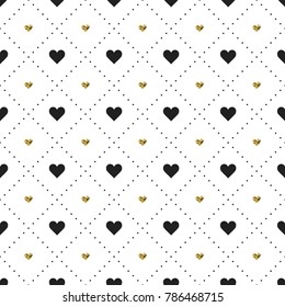 Seamless pattern with black and gold heart shapes. Valentines day. Vector illustration. Background