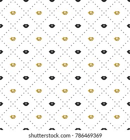 Seamless pattern with black and gold lips kiss shapes. Valentines day. Lipstick kiss. Vector illustration. Background