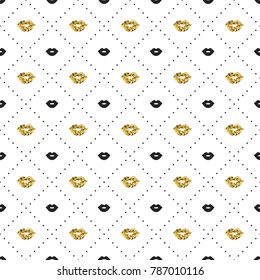 Seamless pattern with black and gold lips kiss shapes. Valentines day. Lipstick kiss. Vector illustration. Background.