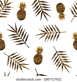 Seamless pattern with black and gold pineapples and tropical leaves. Vector illustration