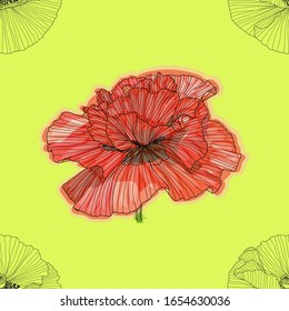 seamless pattern of black, gold, red and white poppies