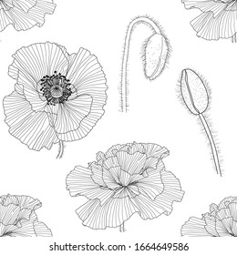 seamless pattern of black, gold, red and white poppies