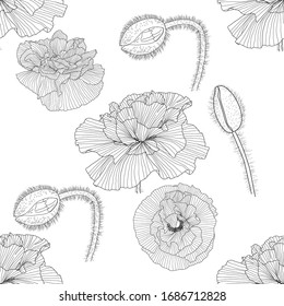 seamless pattern of black, gold, red and white poppies