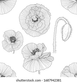 seamless pattern of black, gold, red and white poppies