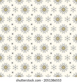 Seamless pattern with black and gold snowflakes on background. Festive winter traditional decoration for New Year, Christmas, holiday and design. Ornament of simple line repeat snow flake