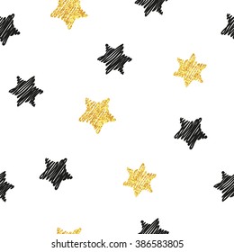 Seamless pattern with black and gold sparkling stars. Vector background with glittering elements. 